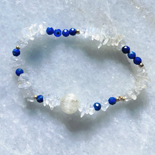 Icy Goddess Bracelet - pt.2 / Moonstone, Lapis Lazuli + Kunzite / 4mm - 8mm (7in) / Blk Swn Krystalz