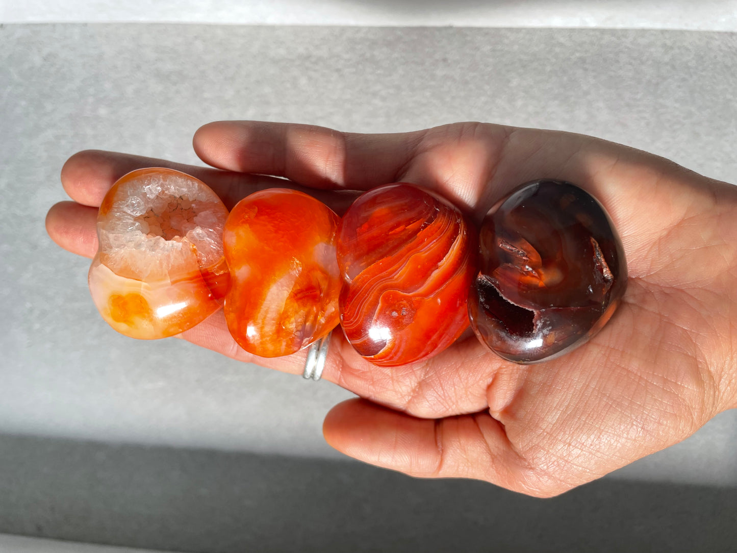 Carnelian Heart Palmstone 4-pc Set / Motivation, Stamina + Passion / $50 for collection