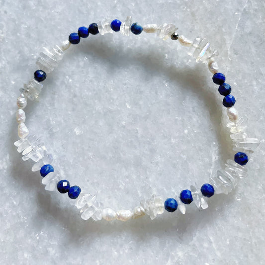 Icy Goddess Bracelet - pt.1 / Moonstone, Lapiz Lazuli + Fresh Water Pearls / 4mm - 8mm (6in) / Blk Swn Krystalz