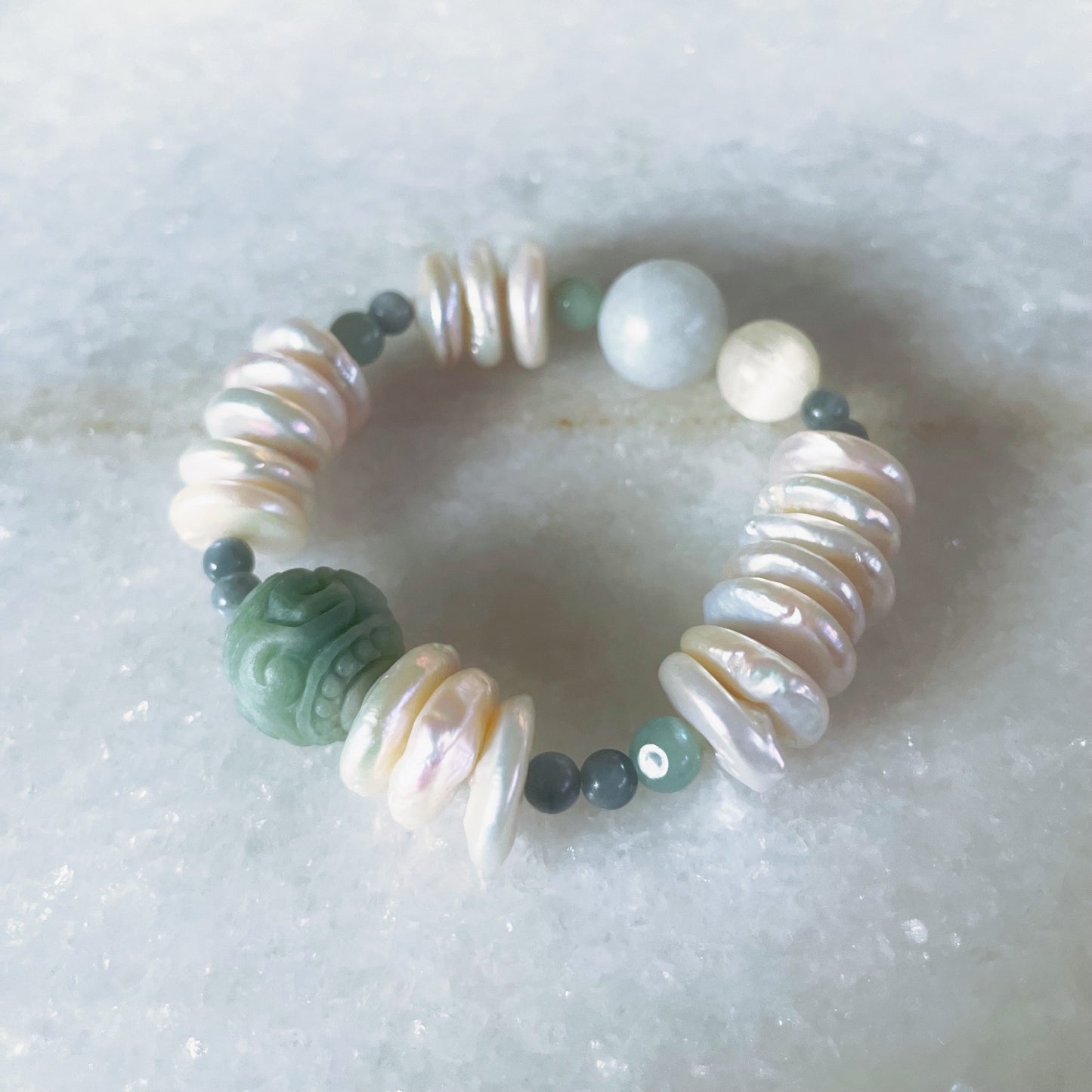 Infinity Angel Bracelet/ Fresh Water Pearl, Nephrite Jade (Hand-Carved Jade Focal) + Kunzite / 6mm - 12mm  (6in) / Blk Swn Krystalz /
