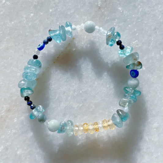 Apeitight Wisdom Bracelet pt.2 / Apatite, Jade, Lapiz Lazuli, Sapphire, Aquamarine + Citrine / 4mm - 6mm  (6in) / Blk Swn Krystalz
