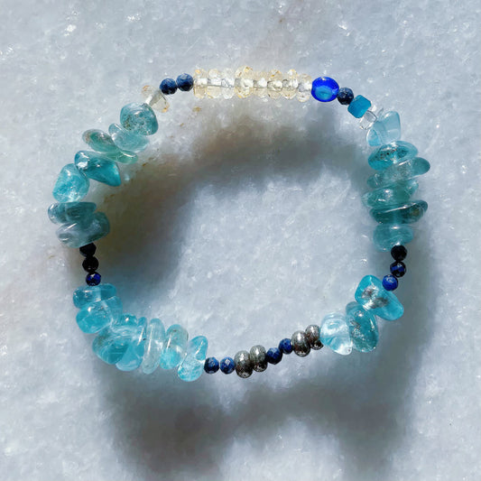 Apeitight Wisdom Bracelet - pt.1 / Apatite, Jade, Lapiz Lazuli, Sapphire, Hematite + Citrine / 4mm - 10mm  (7in) / Blk Swn Krystalz