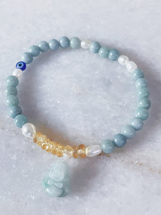 Buddha Belly Bracelet pt.2 / Nephrite Jade, Fresh Water Pearl + Citrine / 6mm - 4mm  (6in) / Blk Swn Krystalz /