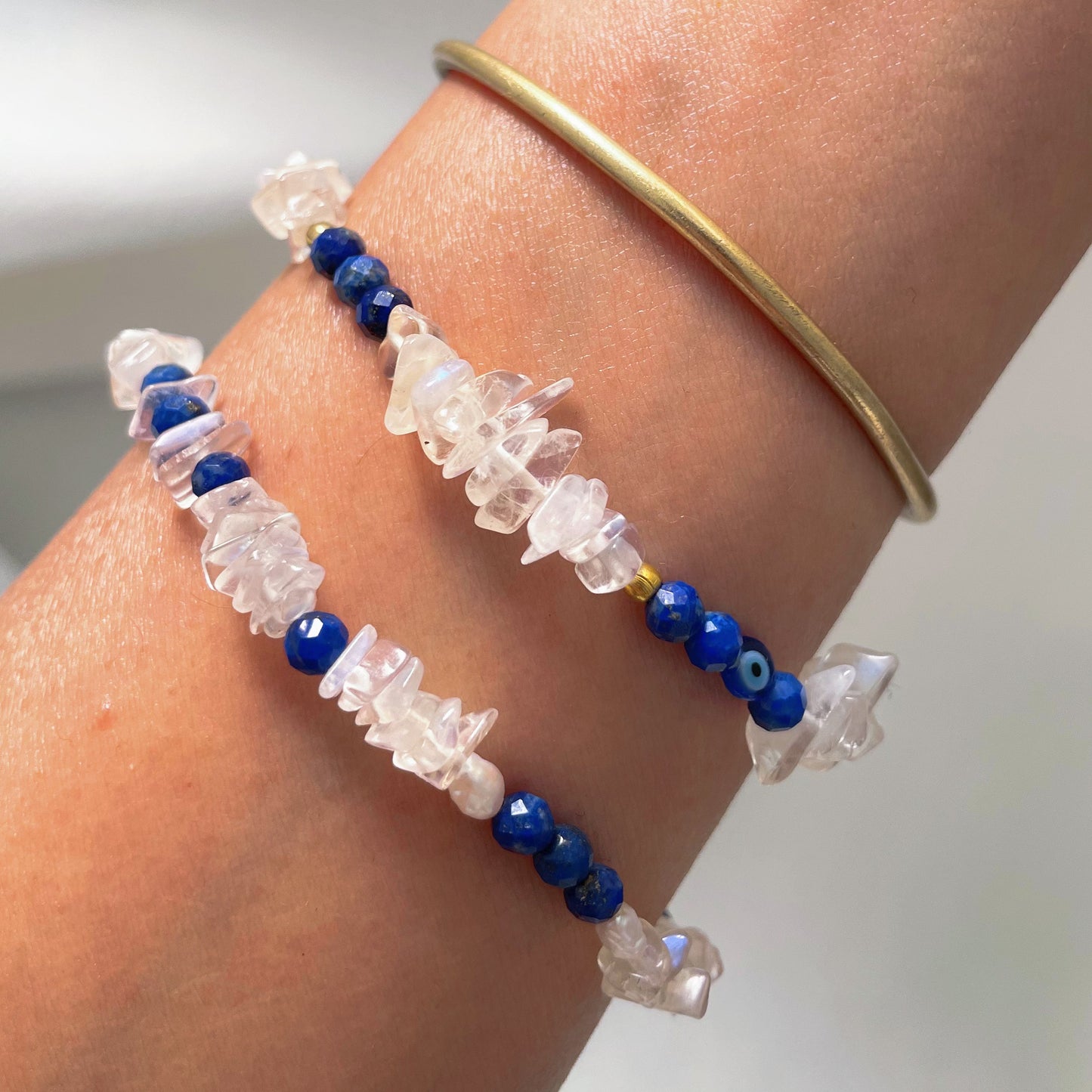 Icy Goddess Bracelet - pt.1 / Moonstone, Lapiz Lazuli + Fresh Water Pearls / 4mm - 8mm (6in) / Blk Swn Krystalz